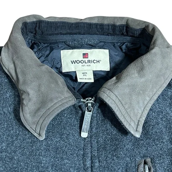 Woolrich Coat Men 2XL Wool Jacket Gray Full Zip Suede Leather Collar Quilt Lined